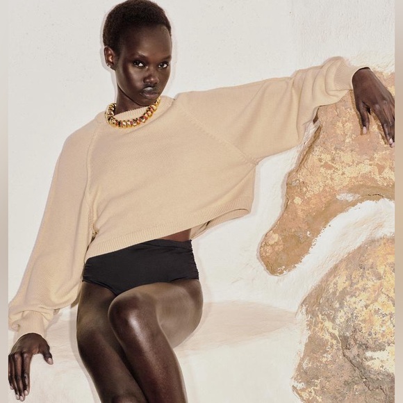 Zara NWT Basic Knit Cropped Sweater Beige - Picture 1 of 13